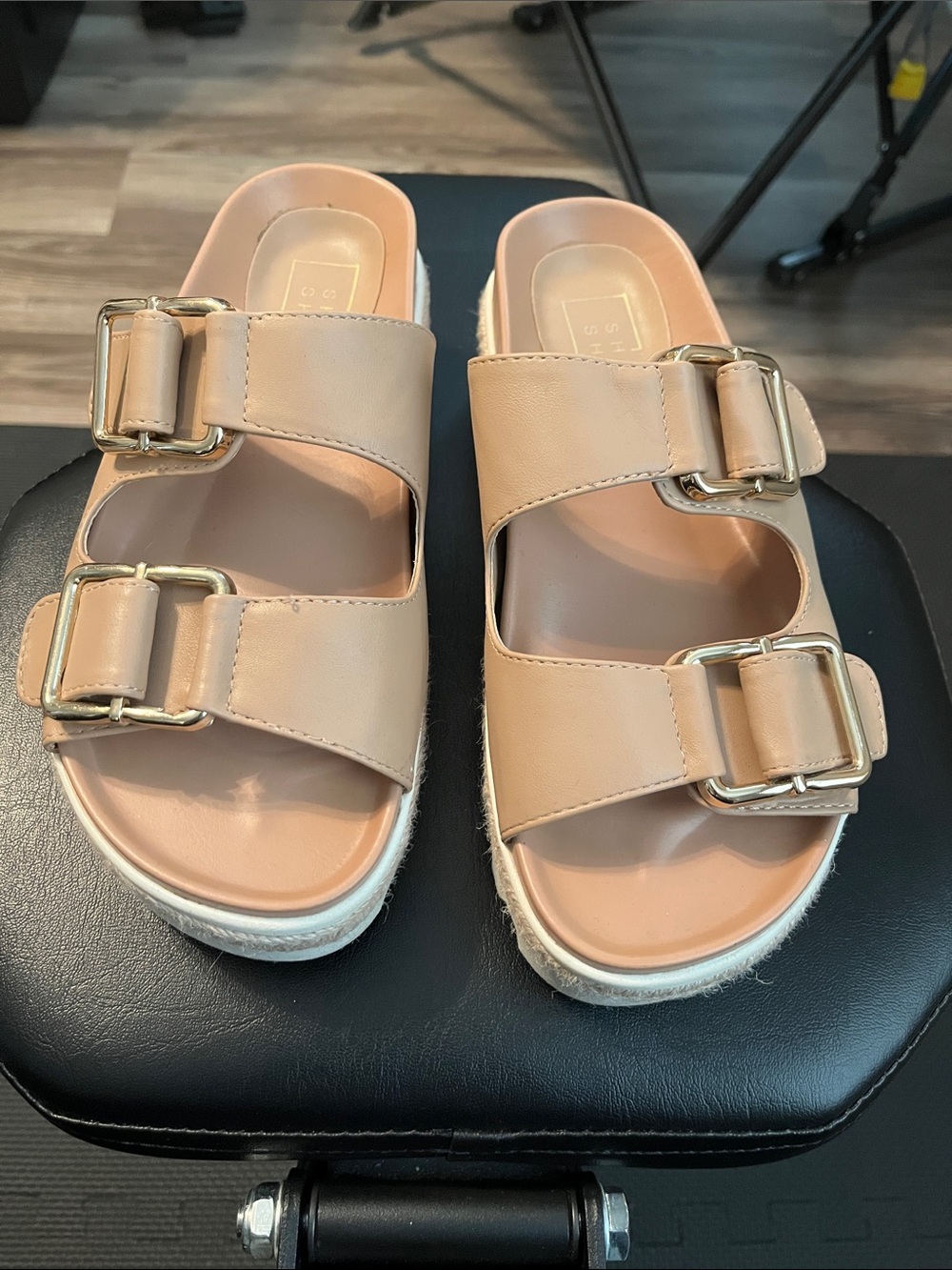 ShuShop Beige Double-Buckle Platform Slide Sandals